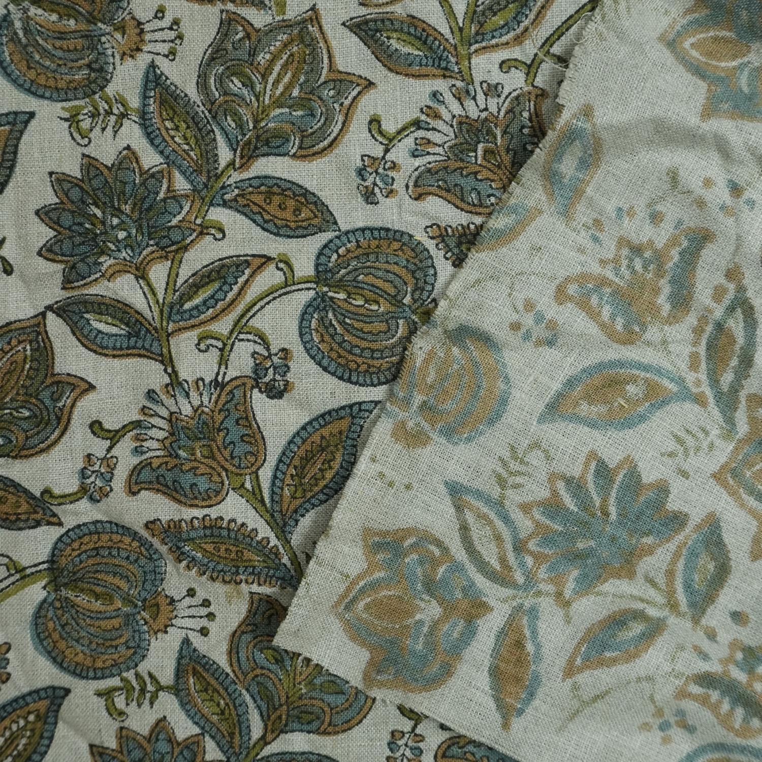 Linen Block Print Fabric 58 Inch Width Medium Weight Linen Natural Base Color Curtains and Drapes Upholstery Handmade Art Pillow Covers Tablecloths and Runners Bedding Tote Bag Lampshades by Fabritual