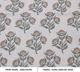 Indian Block Printed Premium Pure Linen Cushion Fabric in Bronze and Gray Floral for Curtains & Upholstery Drapery - BAELPATRA