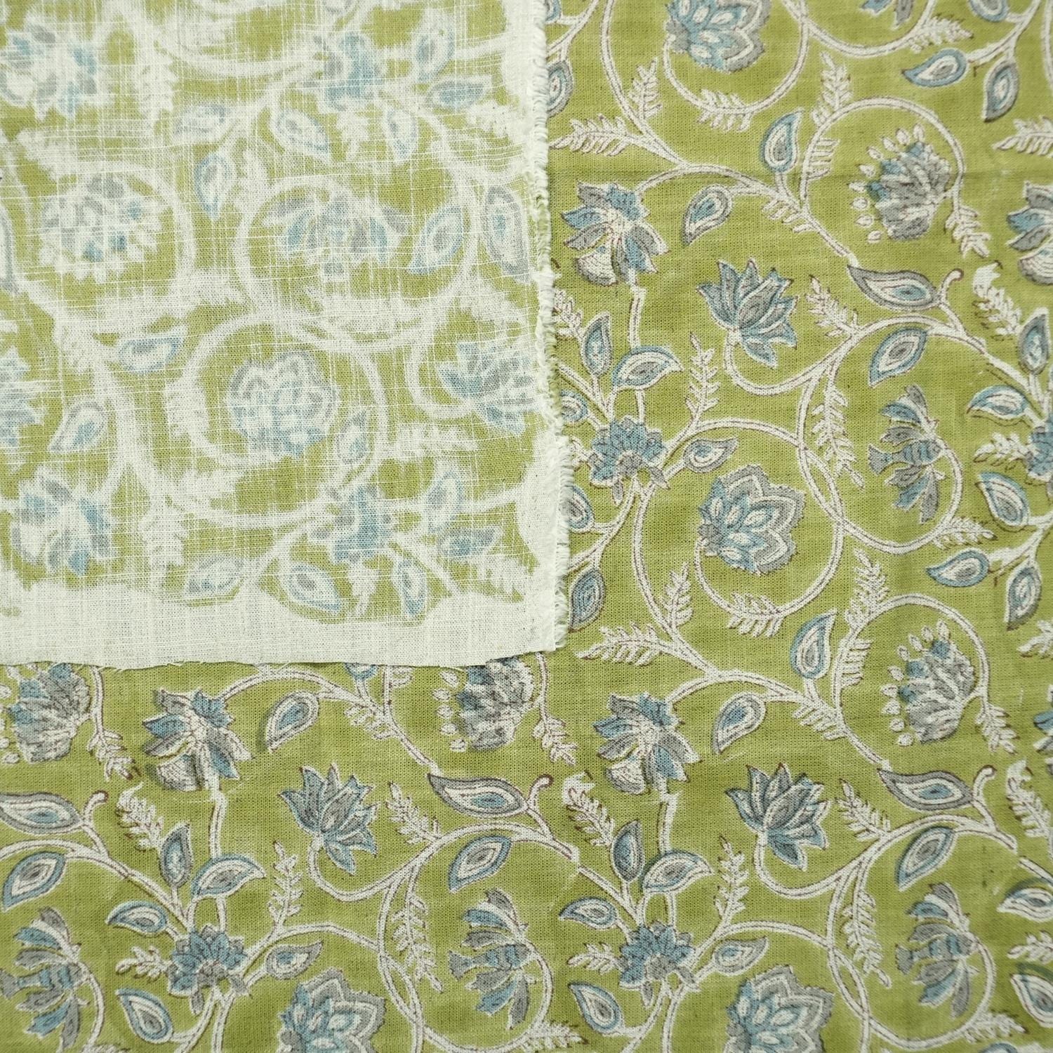 GREEN FLORAL PRINT VISCOSE LINEN HAND BLOCK PRINT FABRIC FOR LINEN DRAPERY AND BOHO DECORATIVE PILLOW - SARASWATI