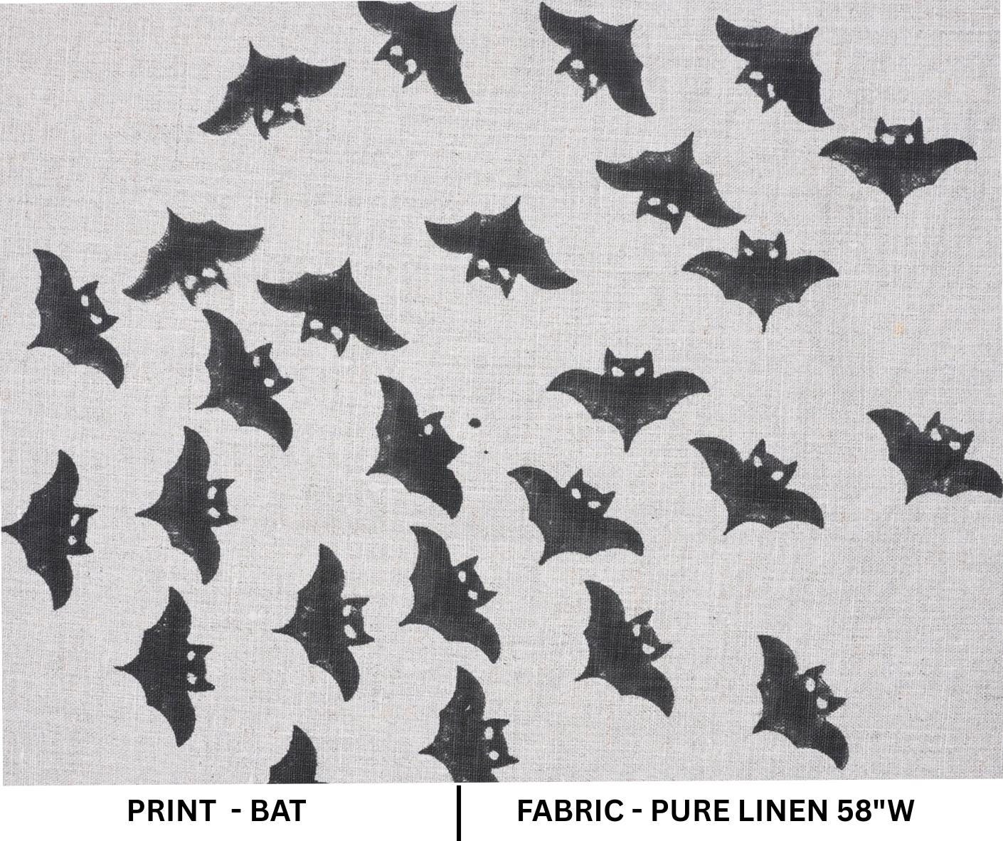 Handmade Art Wooden Block Black Bat Print Pure Linen Table Cover Fabric for Living Room Decor