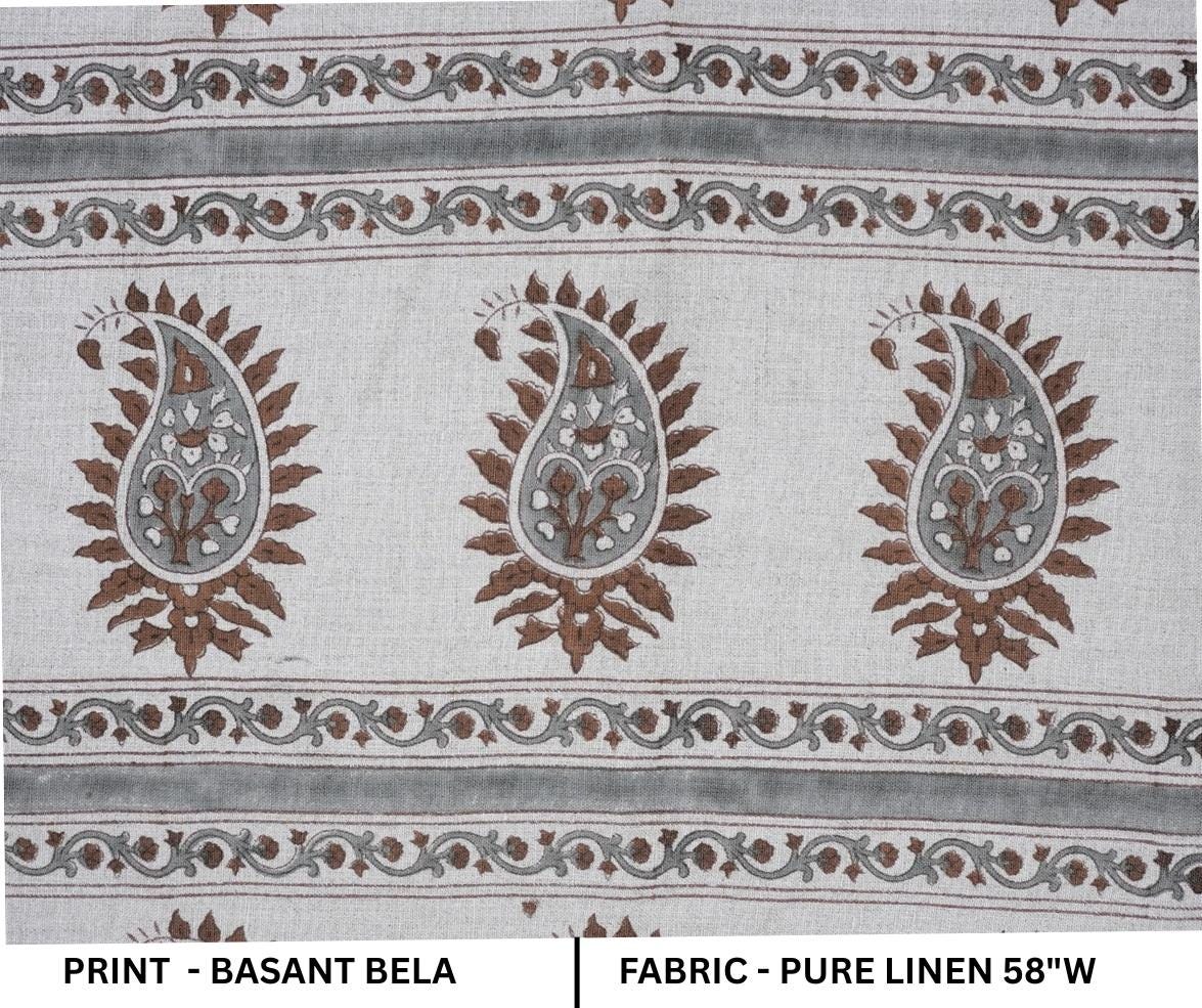 Handcrafted Brown and Gray Floral Cushion Fabric on Pure Linen with Basant Bela Design