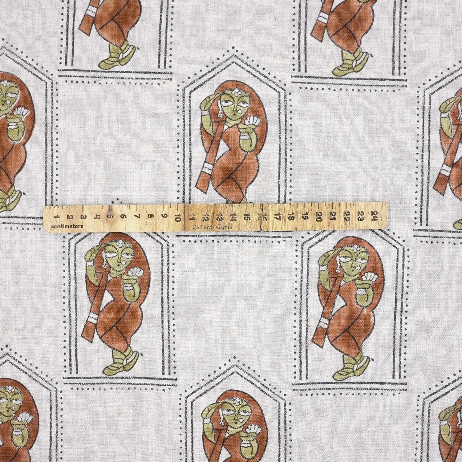 Indian Artisan Pure Linen Block Print in Brown and Green Sundari Fabric for Drapery & Upholstey