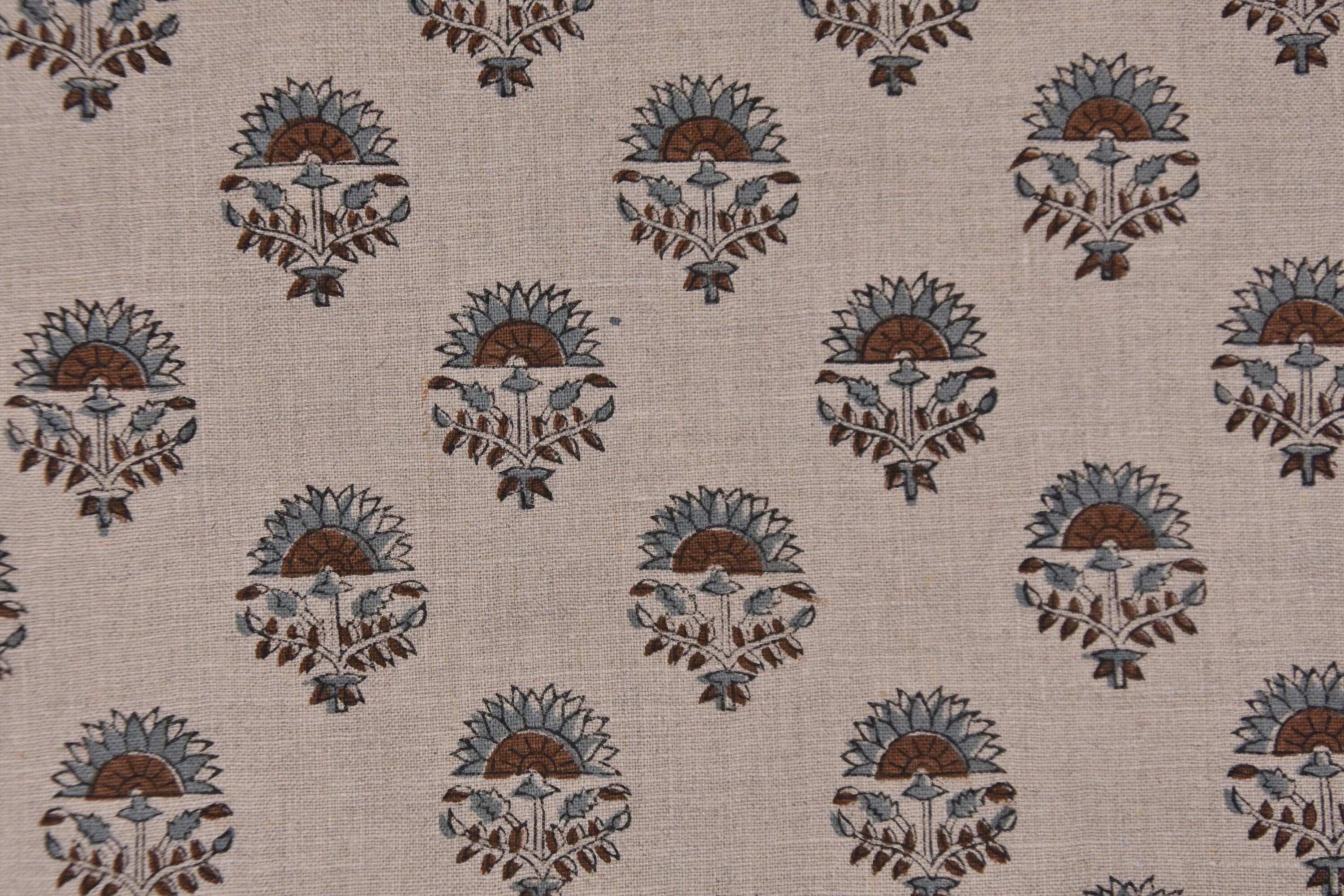 Linen Block Print Fabric 58 Inch Width Heavy Linen Natural Base With Rust Color Curtains and Drapes Upholstery Pillow Covers Tablecloths and Runners Bedding Tote Bag by Fabritual