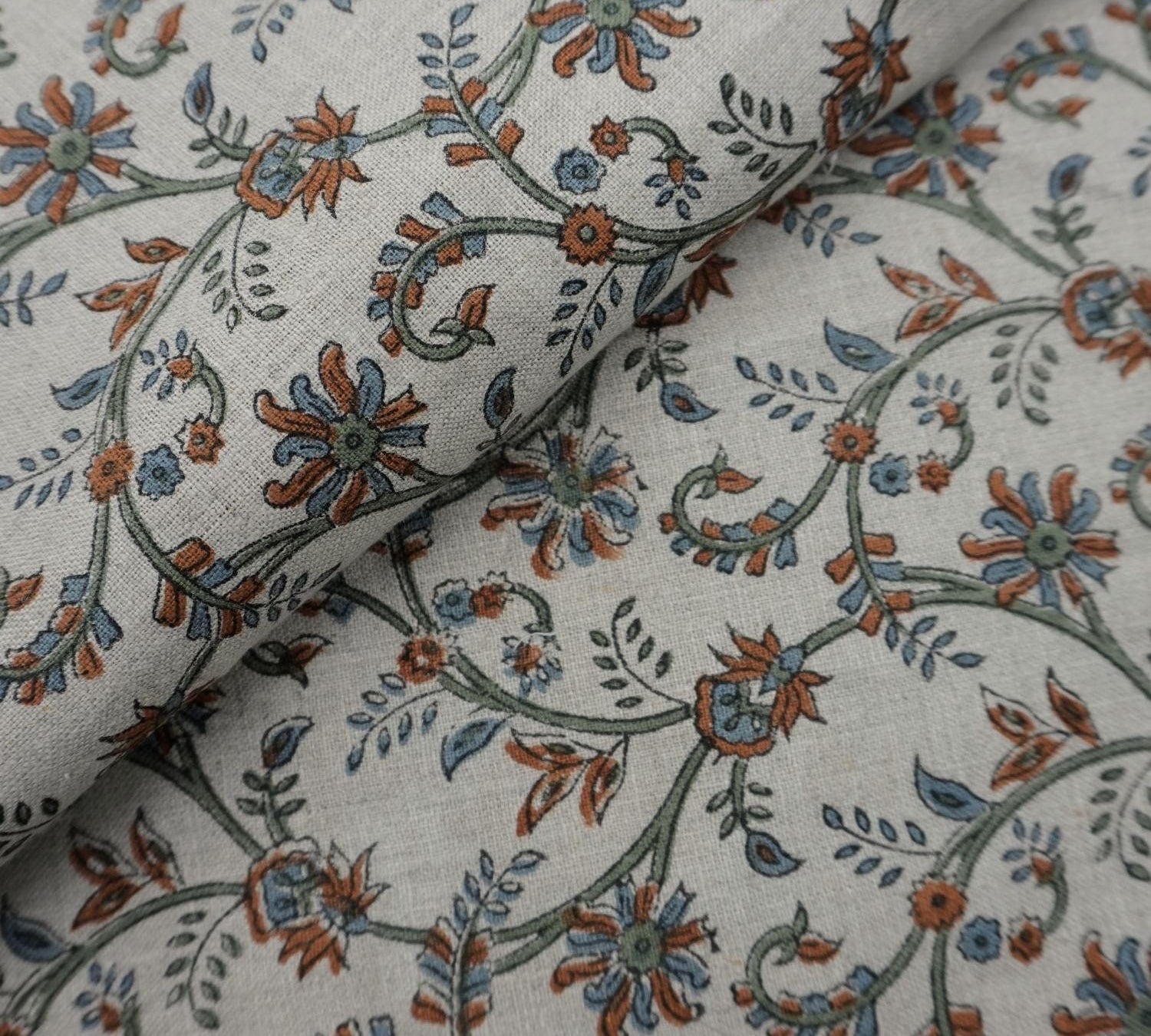 Traditional Indian Printed Linen Fabric 58” for Ethnic Interiors, Handmade Printed Linen Fabric with Cultural Motifs for Home Styling.