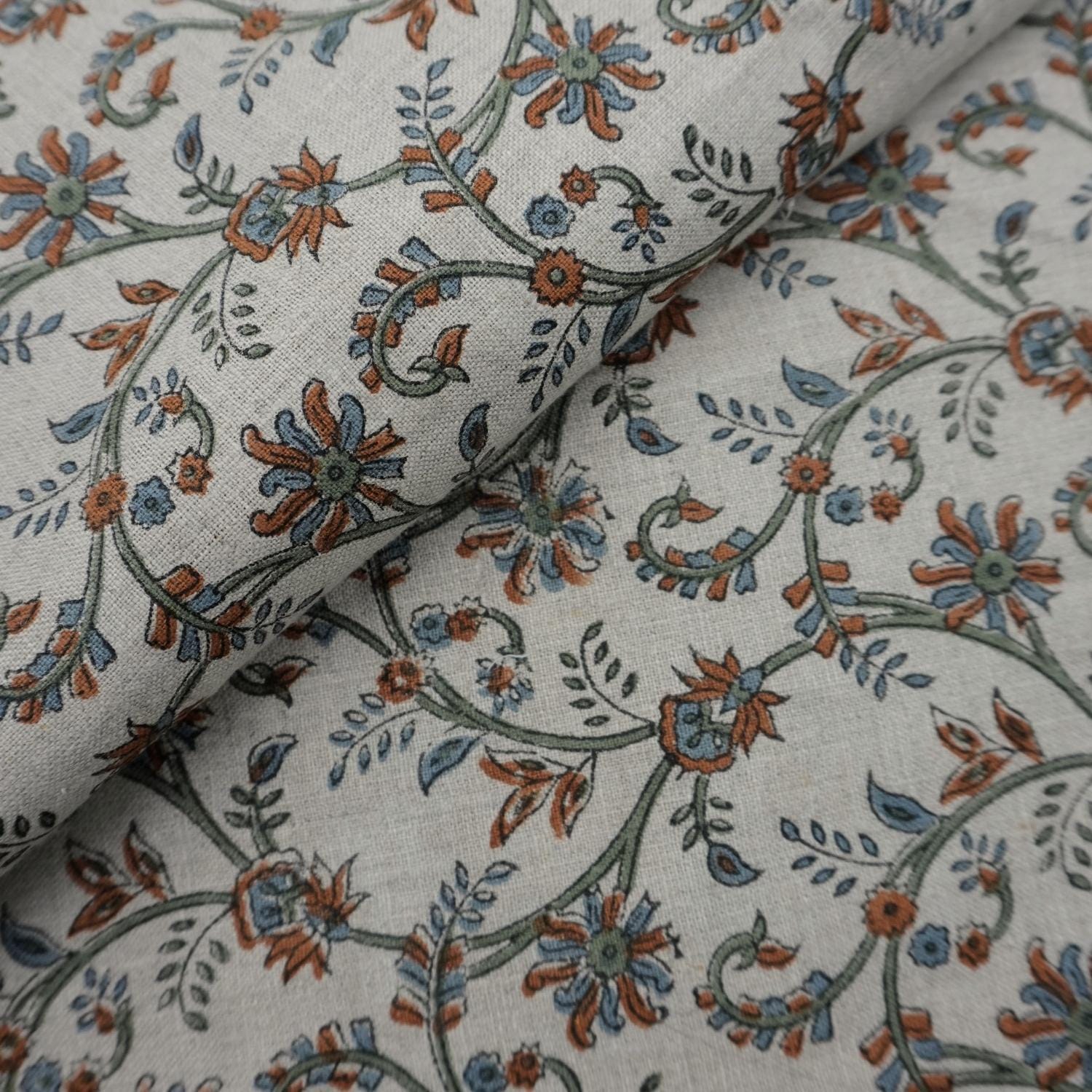 Traditional Indian Printed Linen Fabric 58” for Ethnic Interiors, Handmade Printed Linen Fabric with Cultural Motifs for Home Styling.