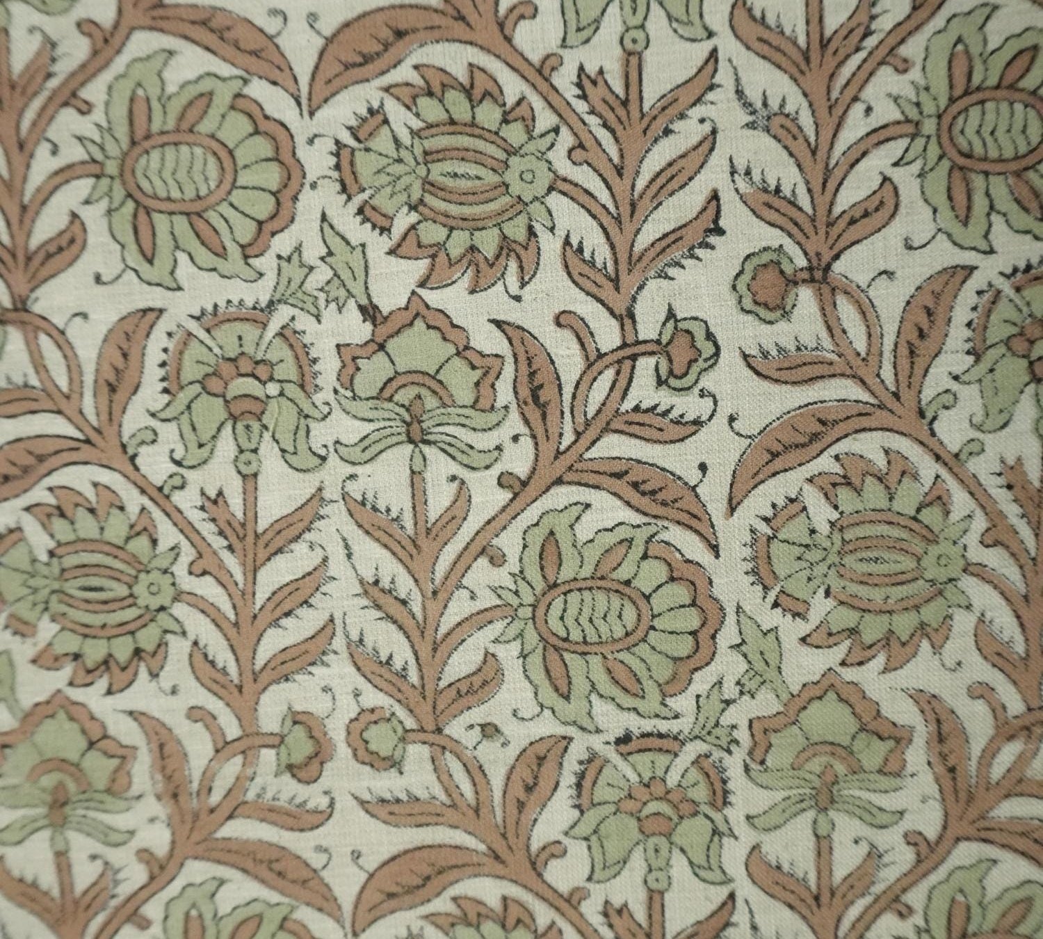 Indian block print viscose linen, floral pattern for table linen and pillow covers, Natural floral viscose-linen blend, handmade fabric for sofa and dining decor, Cotton mix fabric with floral block print for Indian-style curtains and chair upholstery.