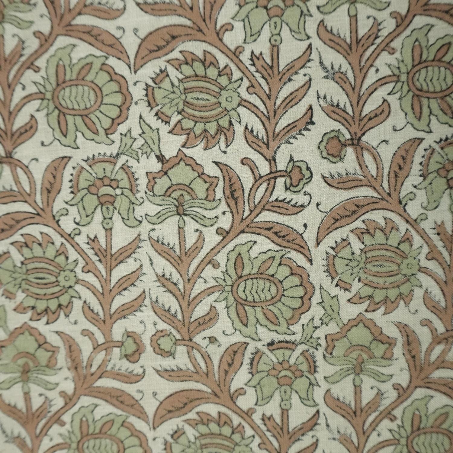 Indian block print viscose linen, floral pattern for table linen and pillow covers, Natural floral viscose-linen blend, handmade fabric for sofa and dining decor, Cotton mix fabric with floral block print for Indian-style curtains and chair upholstery.