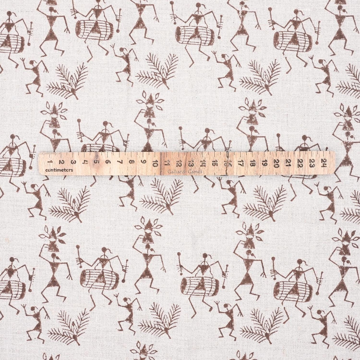 Handcrafted Dhun Print in Beige and Brown on Pure Linen Sofa Cushion Cover Fabric