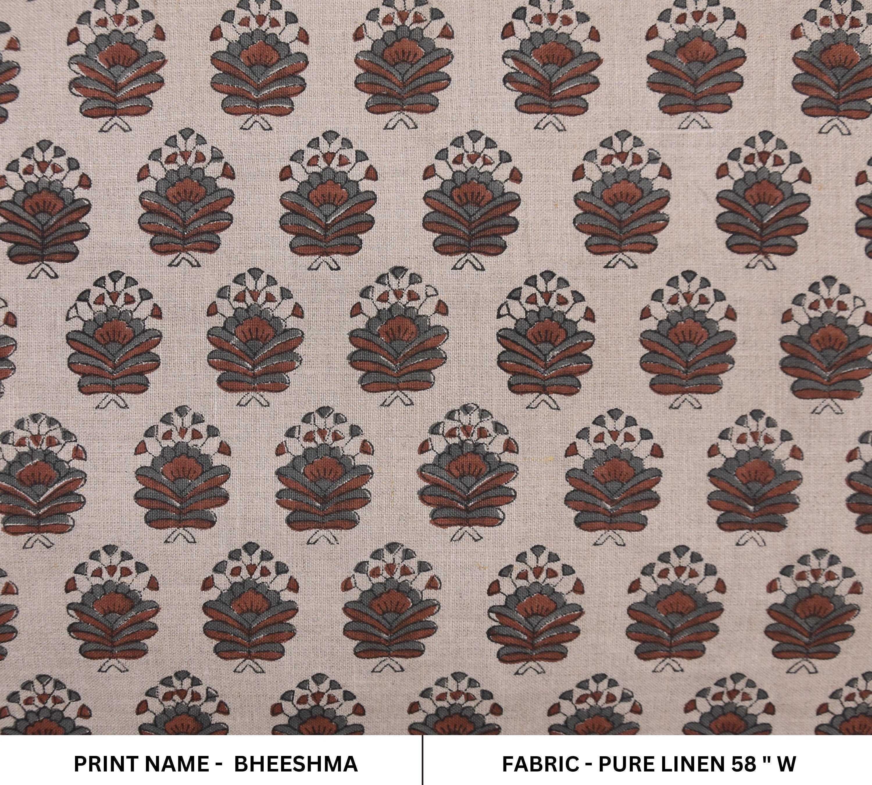 Linen Block Print Fabric 58 Inch Width Medium Weight Linen Natural Base Color Curtains and Drapes Upholstery Pillow Covers Tablecloths and Runners Bedding Tote Bag Lampshades Napkins by Fabritual