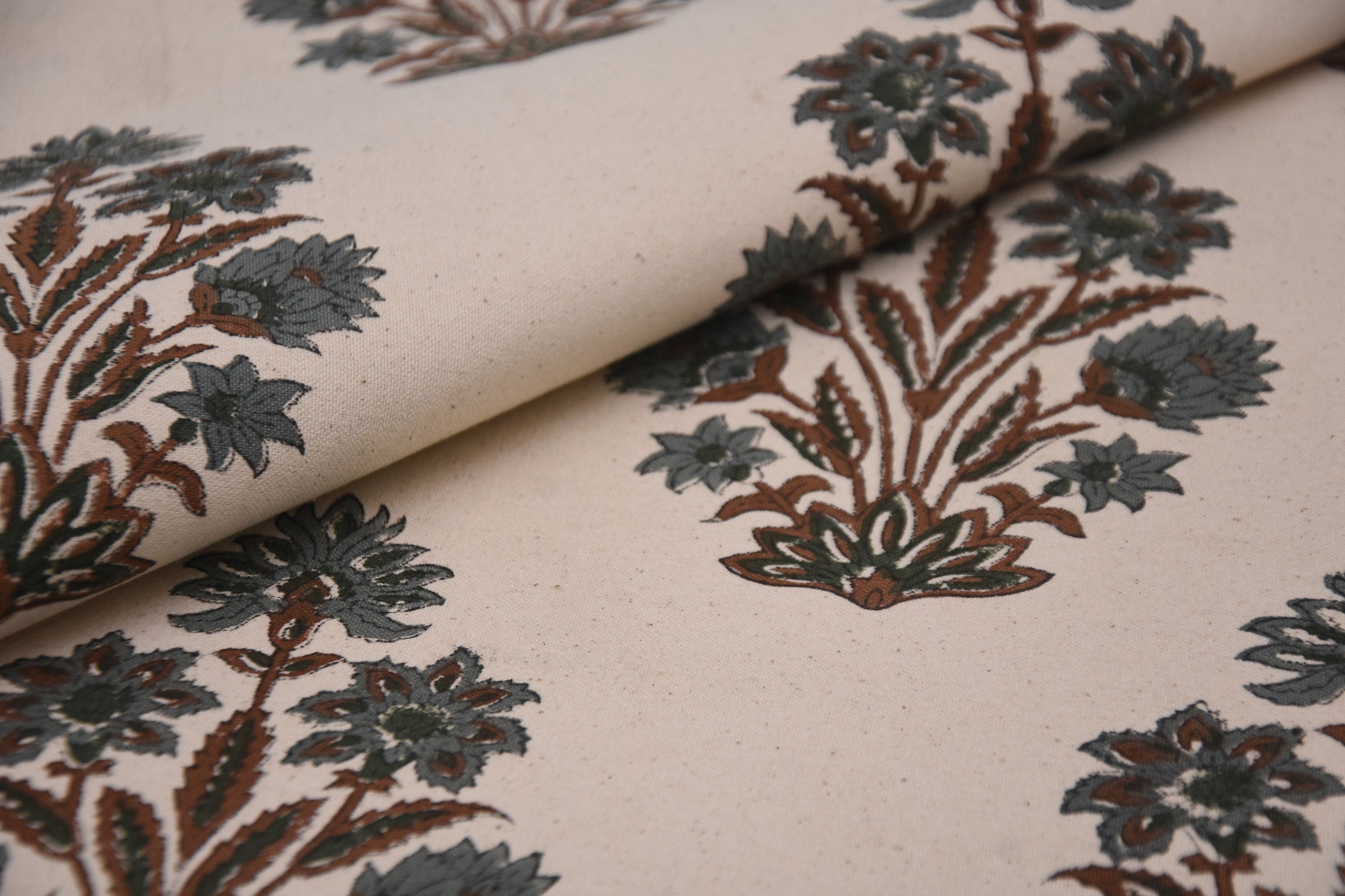 Thick Cotton Block Print Fabric 44 Inch Width Medium Weight Beige Base Color Curtains and Drapes Tablecloths and Runners Bedding Tote Bag Lampshades Napkins by Fabritual