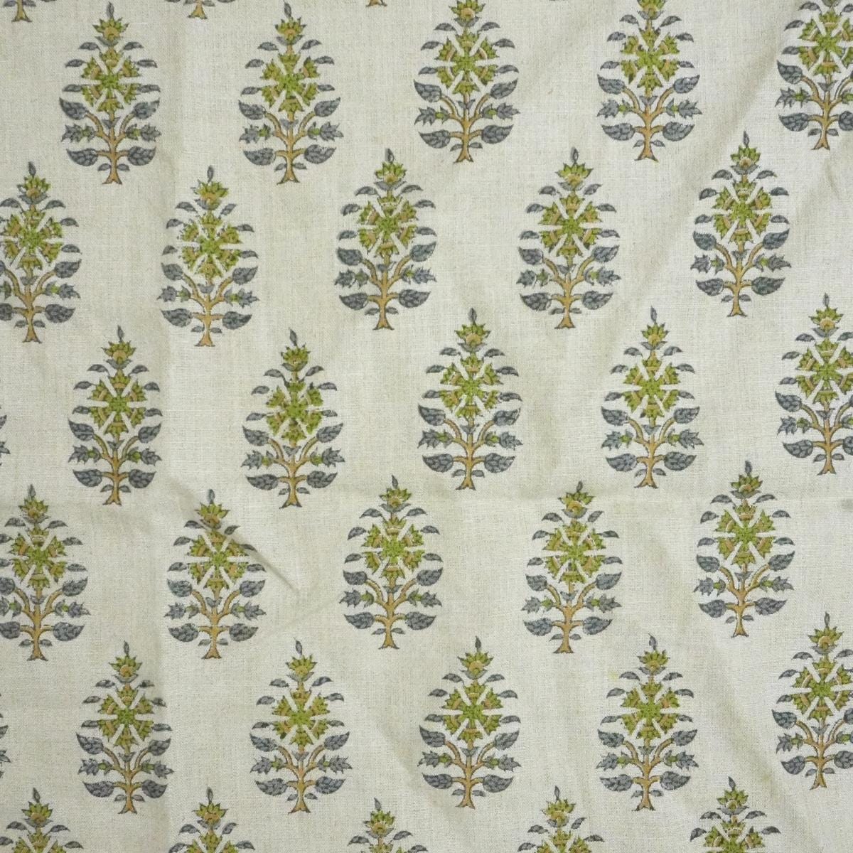 Handcrafted Pure Linen Green and Gray Leaf Floral Block Printed Fabric in Medium Weight Upholstery for Cushions - GULNAARI