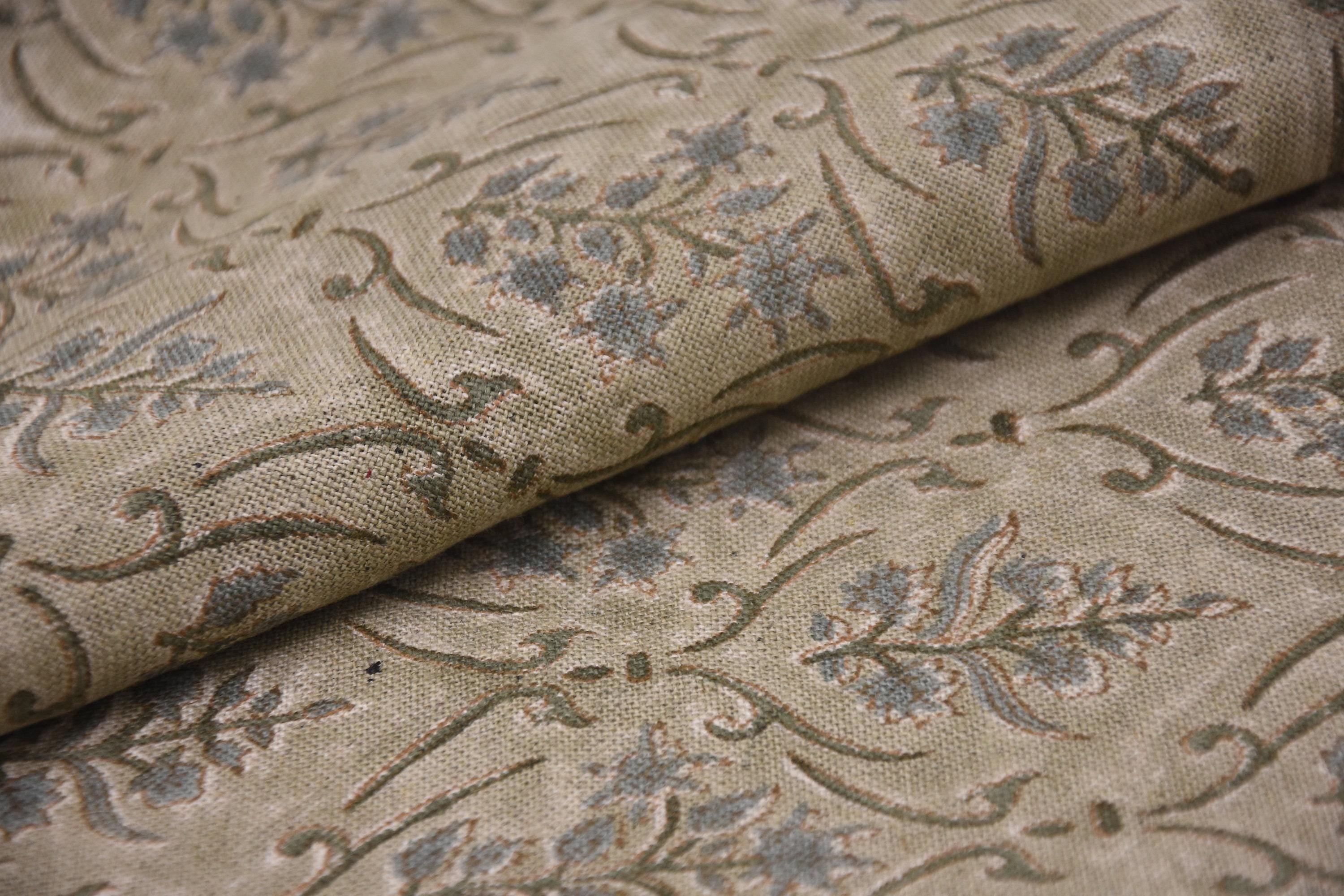 Linen Block Print Fabric 58 Inch Width Heavy Linen Natural Base Color Curtains and Drapes Upholstery Pillow Covers Tablecloths and Runners Bedding Tote Bag by Fabritual