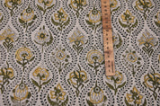 Hand Block Printed AMARBEL 58" Wide Pure Linen Fabric in Green & Mustard Big Floral for Lampshades