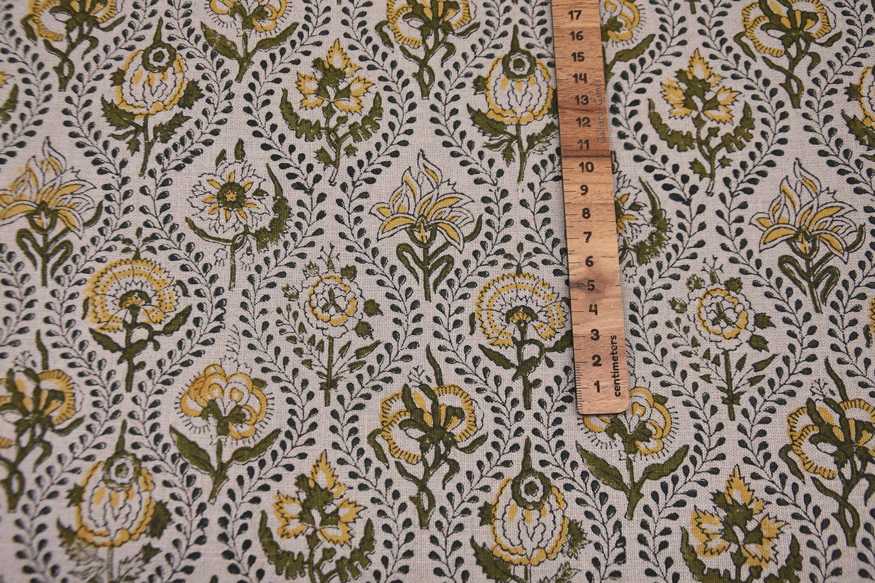 Hand Block Printed AMARBEL 58" Wide Pure Linen Fabric in Green & Mustard Big Floral for Lampshades