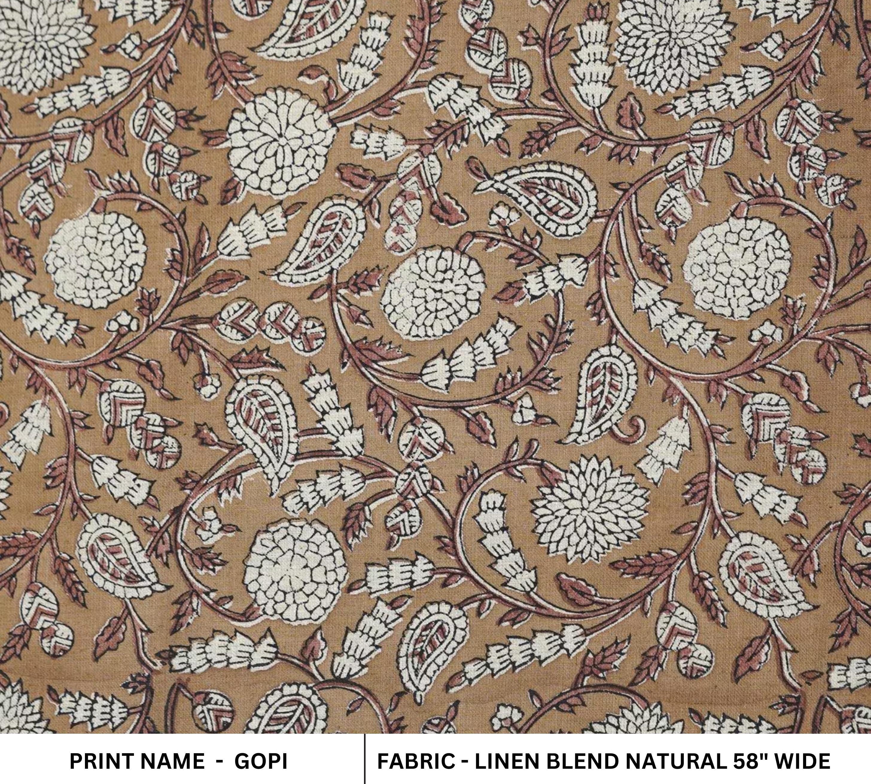 Brown color Gopi print on natural linen blend fabric, crafted using Indian handmade block print techniques; perfect for farmhouse decor.