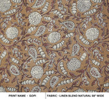 Handcrafted Throw Boho Block Printed Linen Blend Bronze and Silver Floral Fabric for Festive Decor Pillows - GOPI