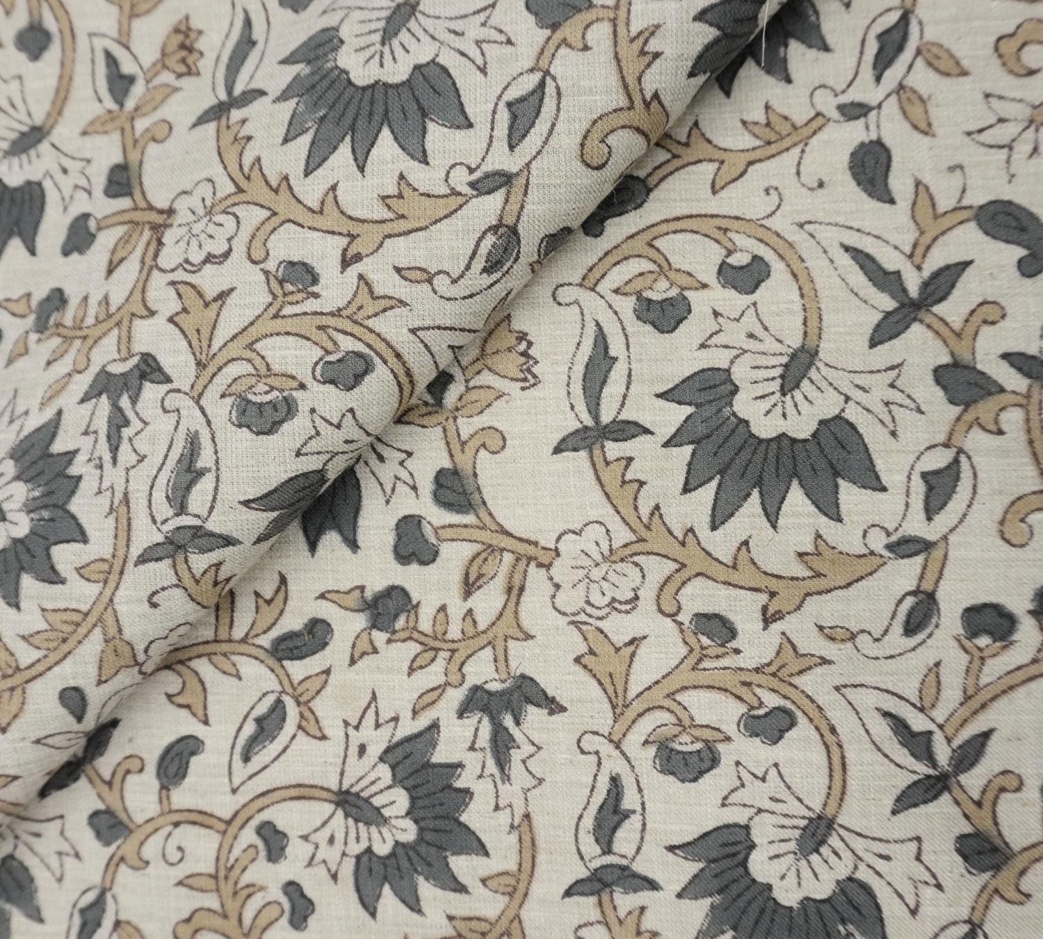 Linen Block Print Fabric Linen Blend 58 Inch Width Light Weight Linen Natural Base Color Curtains and Drapes Upholstery Handmade Art Pillow Covers Tablecloths and Runners Lampshades Napkins by Fabritual