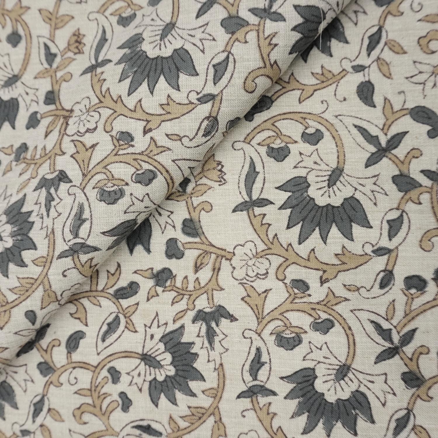 Linen Block Print Fabric Linen Blend 58 Inch Width Light Weight Linen Natural Base Color Curtains and Drapes Upholstery Handmade Art Pillow Covers Tablecloths and Runners Lampshades Napkins by Fabritual