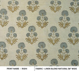 Handmade Block Printed Decorative Linen Blend Natural Green & Bluish Floral Fabric for Couch Covers - Rishi