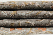 Indian Hand Stamped Block Printed Thick Linen Pure Fabric in Bronze and Gray Floral for Living Room Decor – Kundanvan