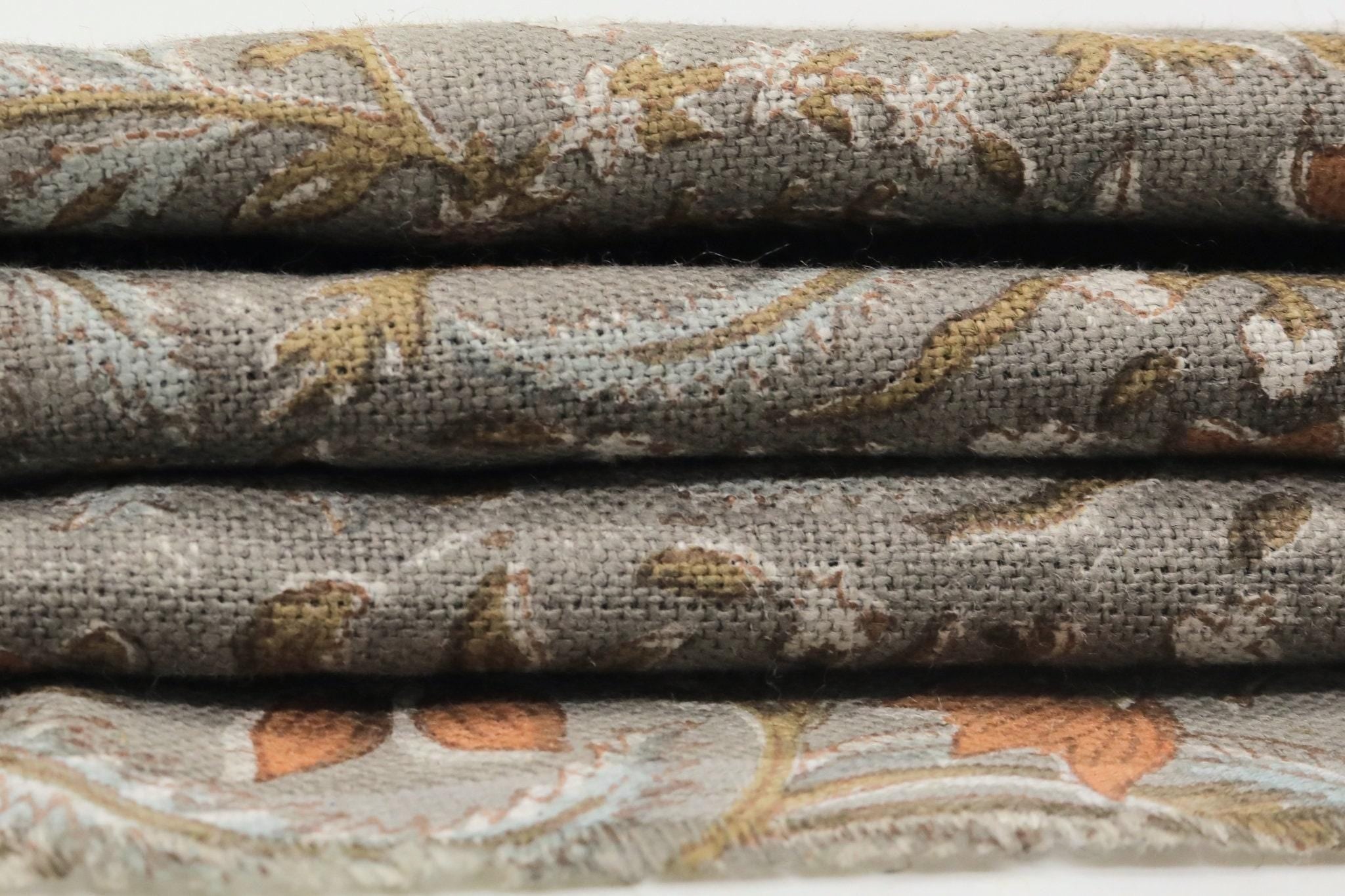Indian Hand Stamped Block Printed Thick Linen Pure Fabric in Bronze and Gray Floral for Living Room Decor – Kundanvan