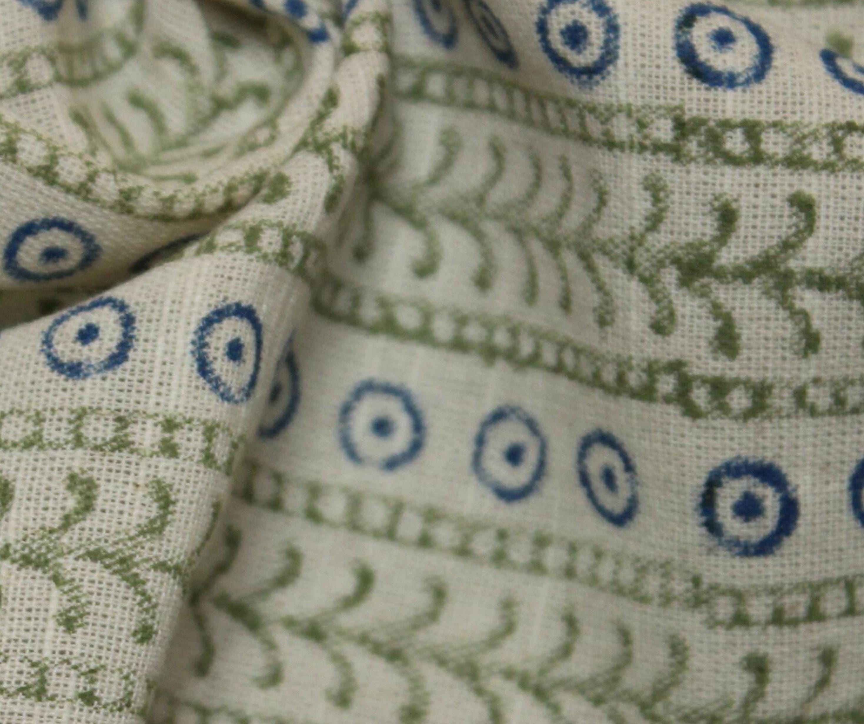 Linen Block Print Fabric 58 Inch Width Heavy Weight Linen Natural Base Color Curtains and Drapes Upholstery Handmade Art Pillow Covers Bedding Tote Bag Lampshades Napkins by Fabritual
