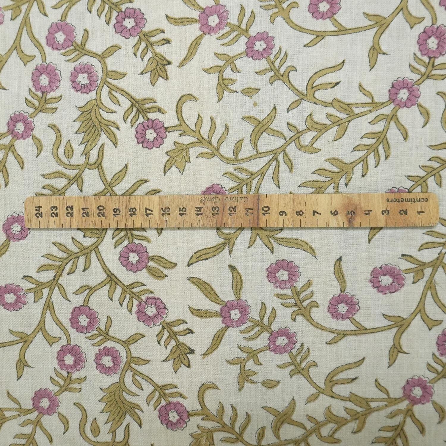 Block Printed Purple and Pastel Brown Floral Linen Blend Natural Fabric for Farmhouse Decor - SEHJAN