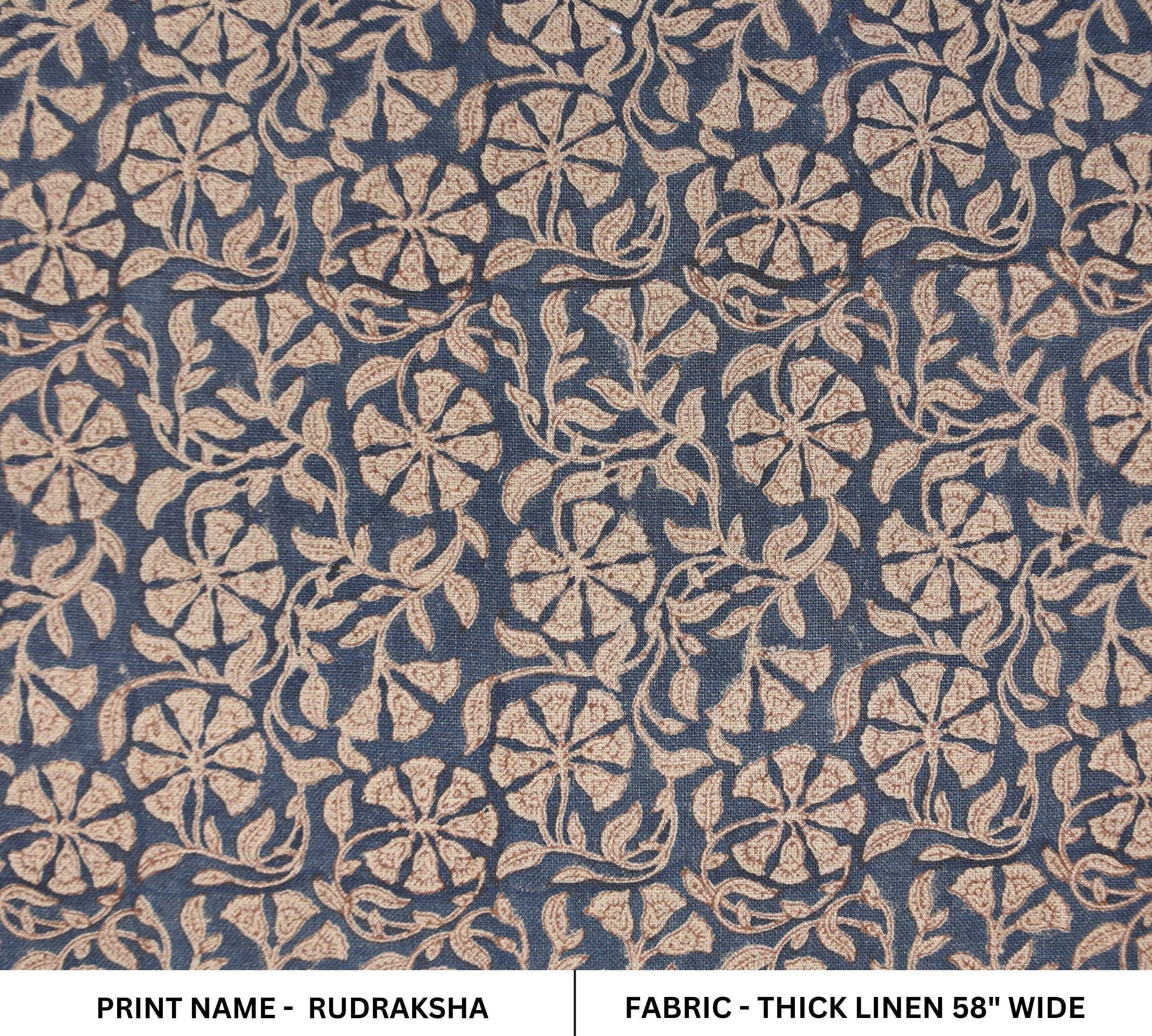 Linen Block Print Fabric 58 Inch Width Heavy Weight Linen Natural Base Color Curtains and Drapes Upholstery Handmade Art Pillow Covers Tablecloths and Runners Bedding Tote Bag Lampshades Napkins by Fabritual