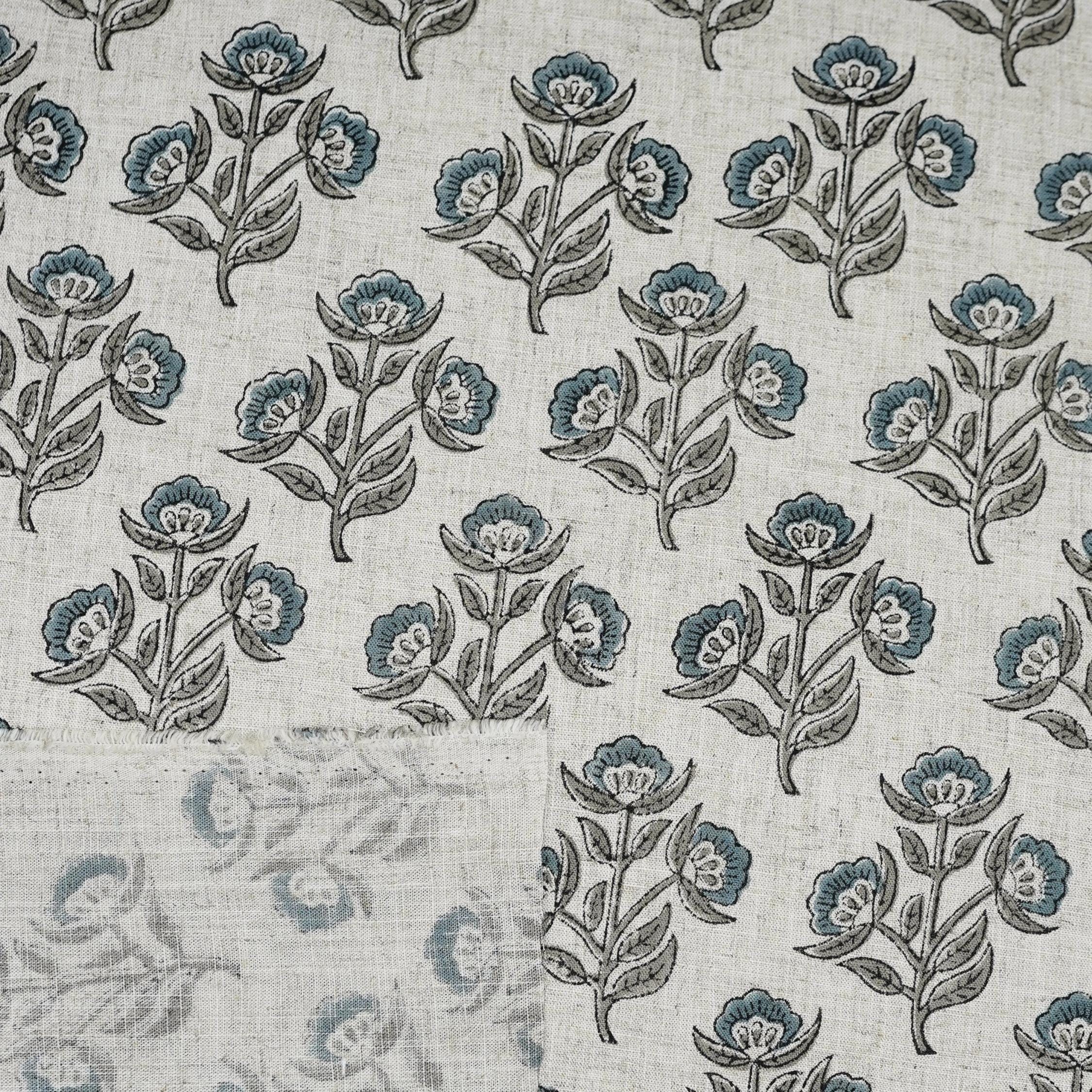 Handmade Bluish and Gray Floral Block Printed Viscose Linen Fabric 58" Wide for Pillows, Curtains – BELPATRA