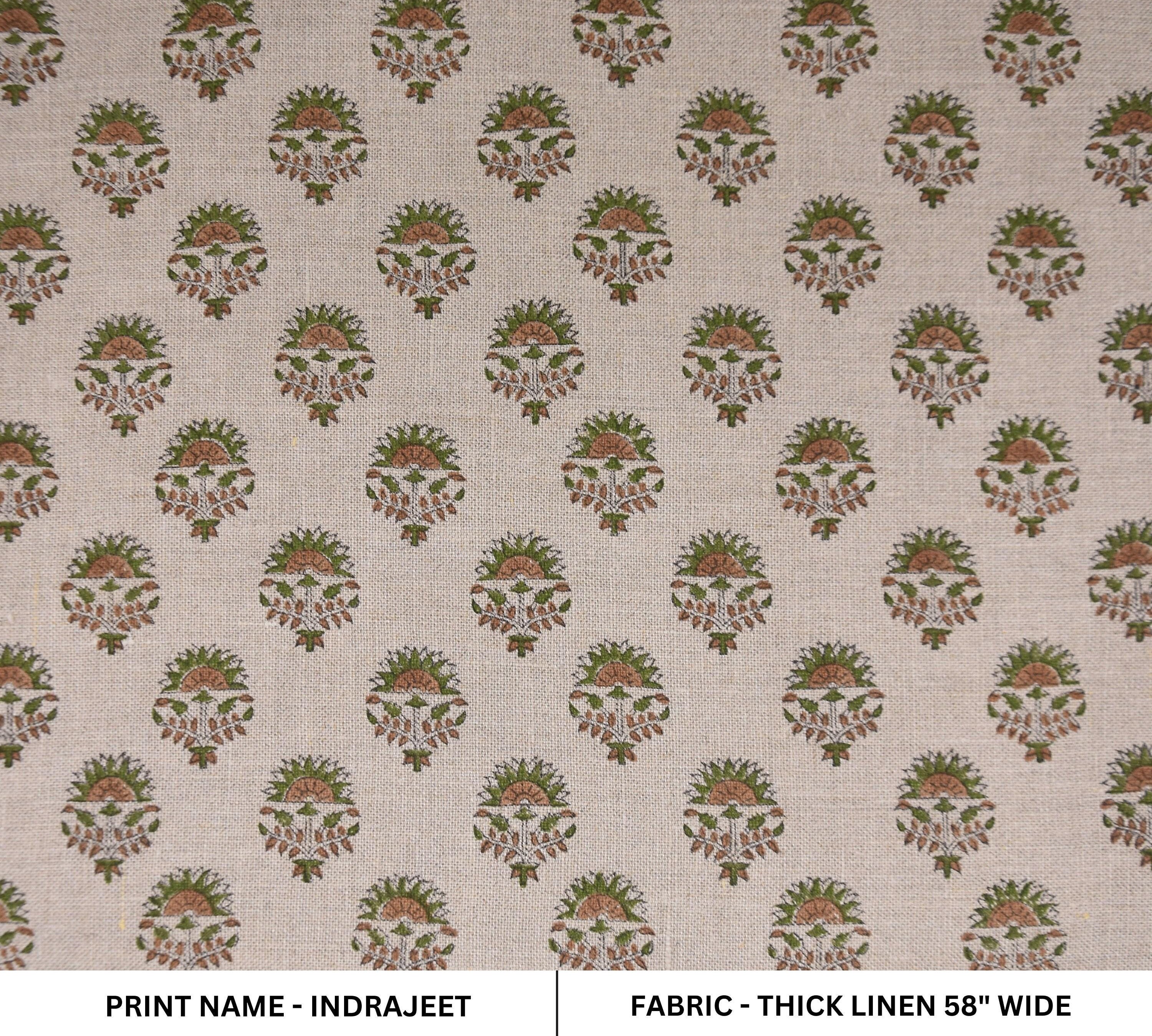 Linen Block Print Fabric 58&quot; Width Heavy Linen Natural Base Color Curtains and Drapes Upholstery Pillow Covers Tablecloths and Runners Bedding Tote Bag by Fabritual