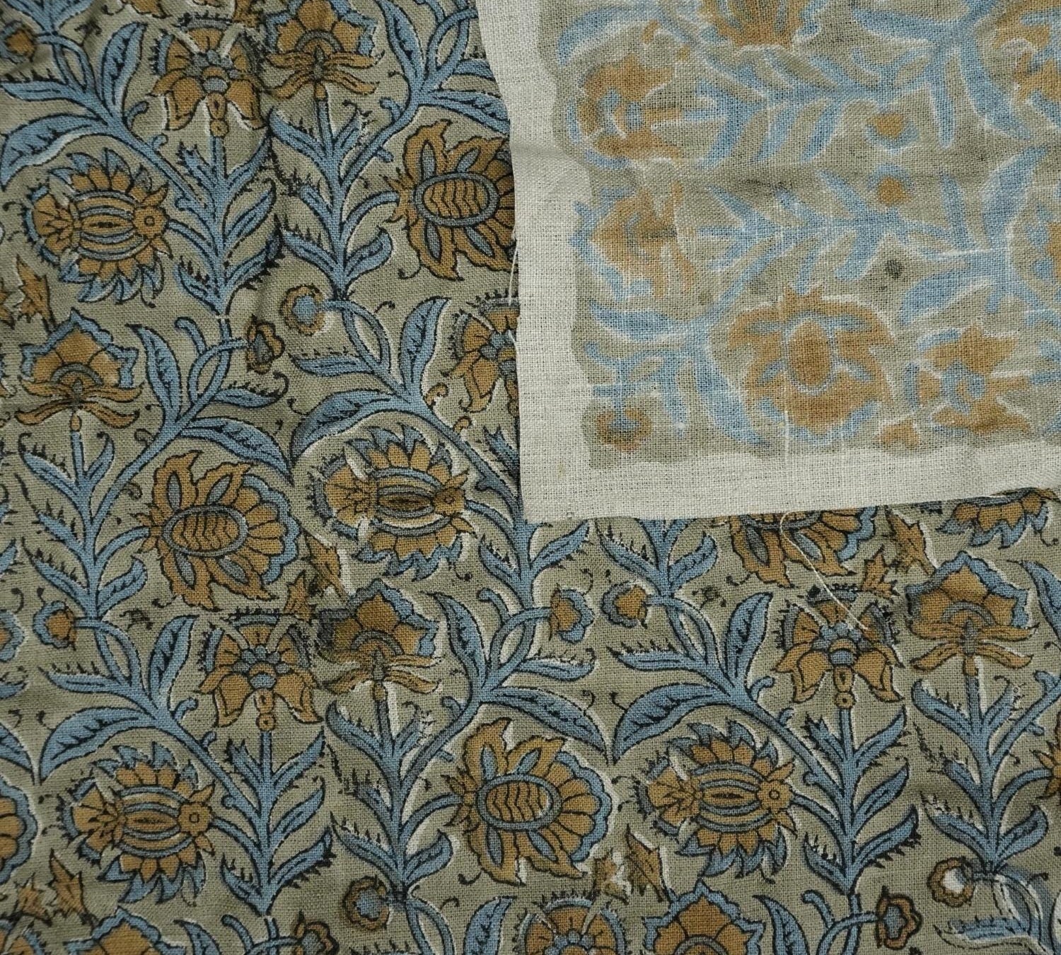 Linen Block Print Fabric 58 Inch Width Medium Weight Linen Natural Base Color Curtains and Drapes Upholstery Handmade Art Pillow Covers Tablecloths and Runners Bedding Tote Bag Napkins by Fabritual