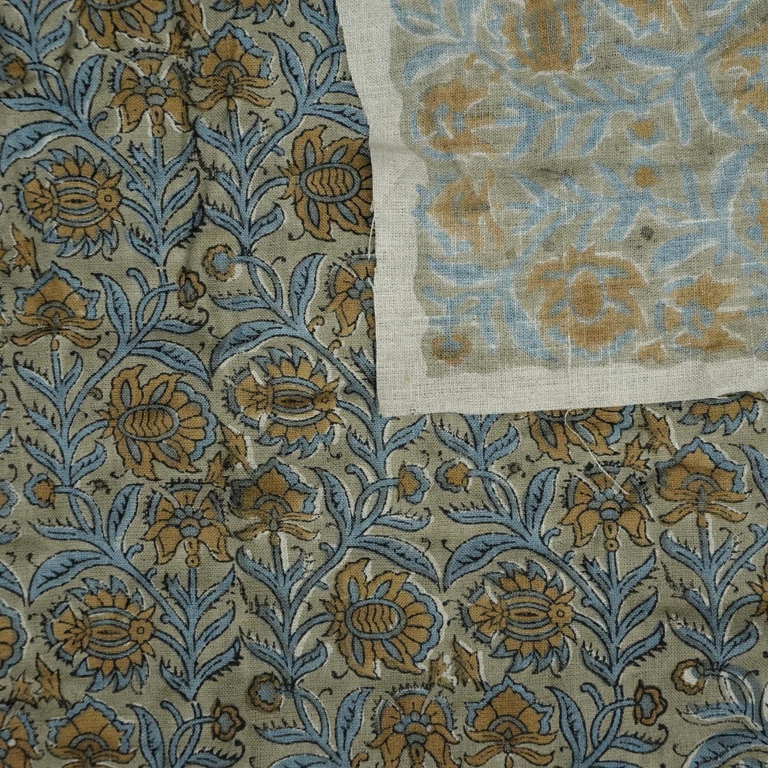 Linen Block Print Fabric 58 Inch Width Medium Weight Linen Natural Base Color Curtains and Drapes Upholstery Handmade Art Pillow Covers Tablecloths and Runners Bedding Tote Bag Napkins by Fabritual