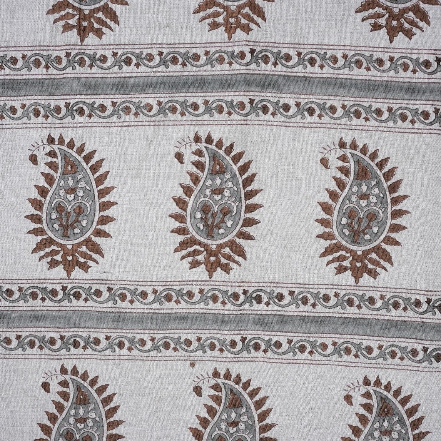 Handcrafted Brown and Gray Floral Cushion Fabric on Pure Linen with Basant Bela Design