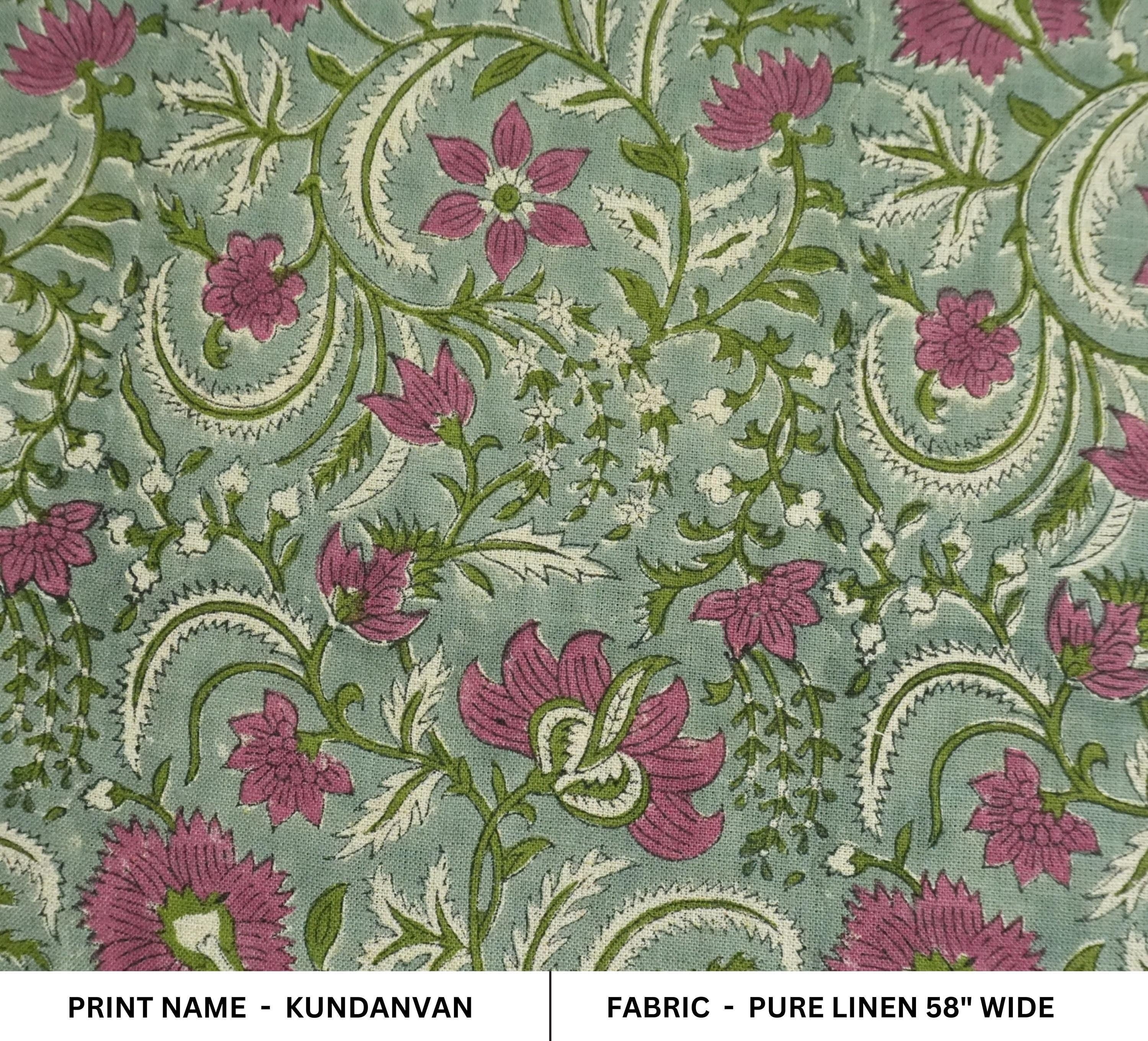 Indian Block Printed Premium Pure Linen Fabric in Rose and Mustard Green Floral for Couch & Sofa Covers - Kundanvan