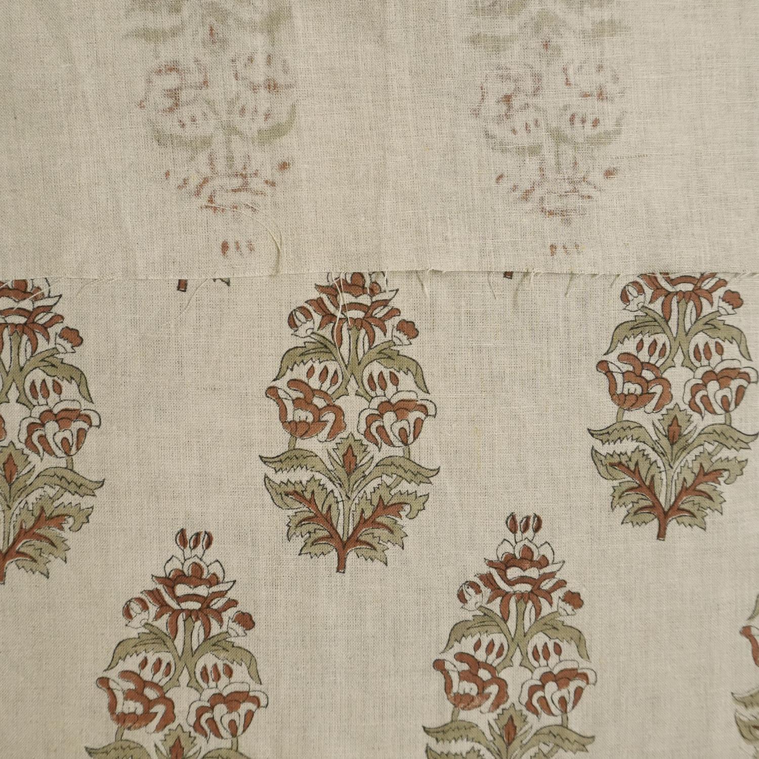 Hand Block Printed 100% Pure Linen Brown & Sage Green Floral Decorative Fabric for Farmhouse Decor - Sikander