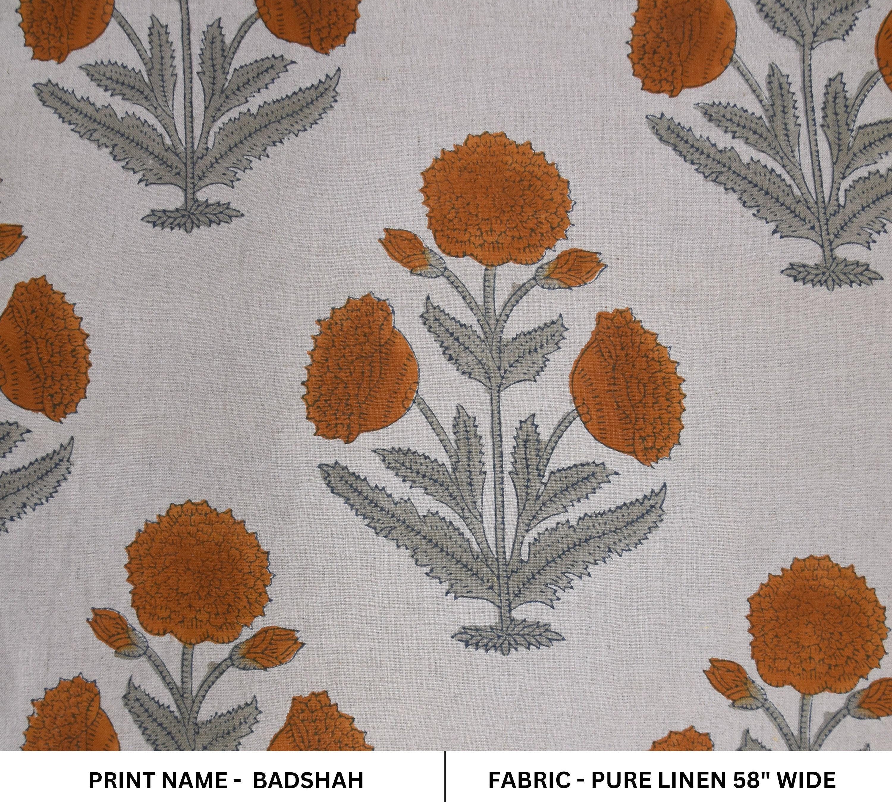 Linen Block Print Fabric 58&quot; Width Medium Weight Linen Natural Base Color Curtains and Drapes Upholstery Pillow Covers Tablecloths and Runners Bedding Tote Bag Lampshades Napkins by Fabritual