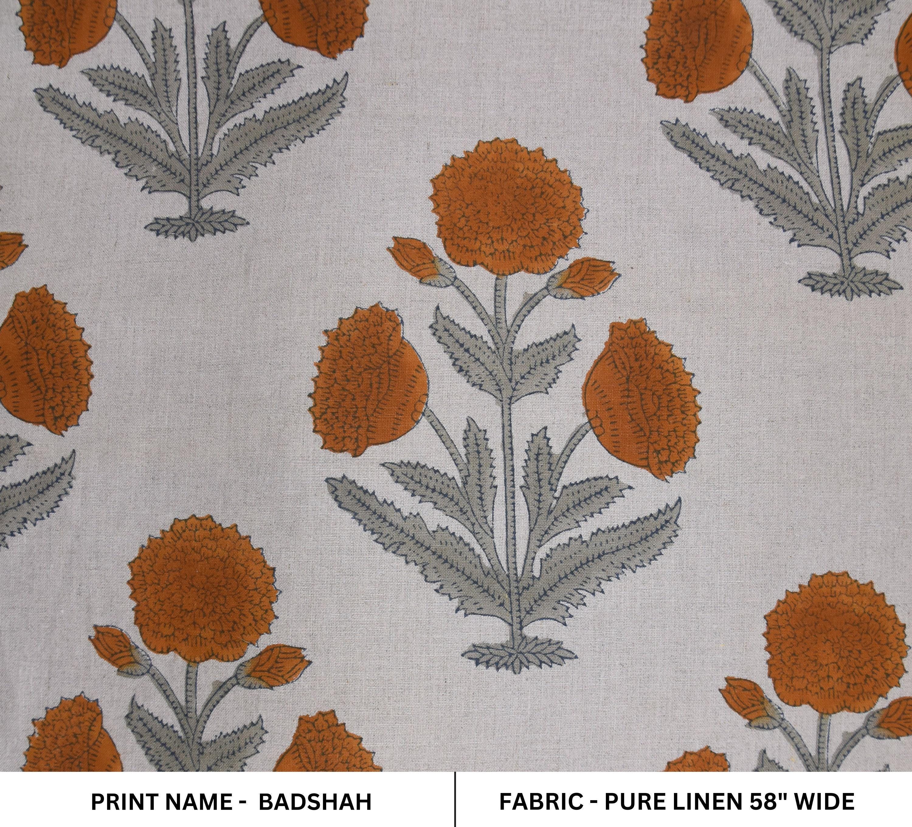 Linen Block Print Fabric 58&quot; Width Medium Weight Linen Natural Base Color Curtains and Drapes Upholstery Pillow Covers Tablecloths and Runners Bedding Tote Bag Lampshades Napkins by Fabritual