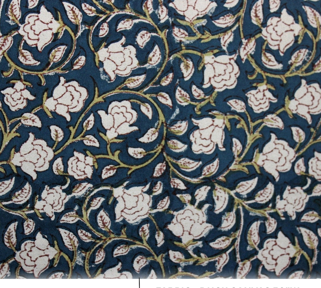 Floral patterned fabric with white flowers on a blue background