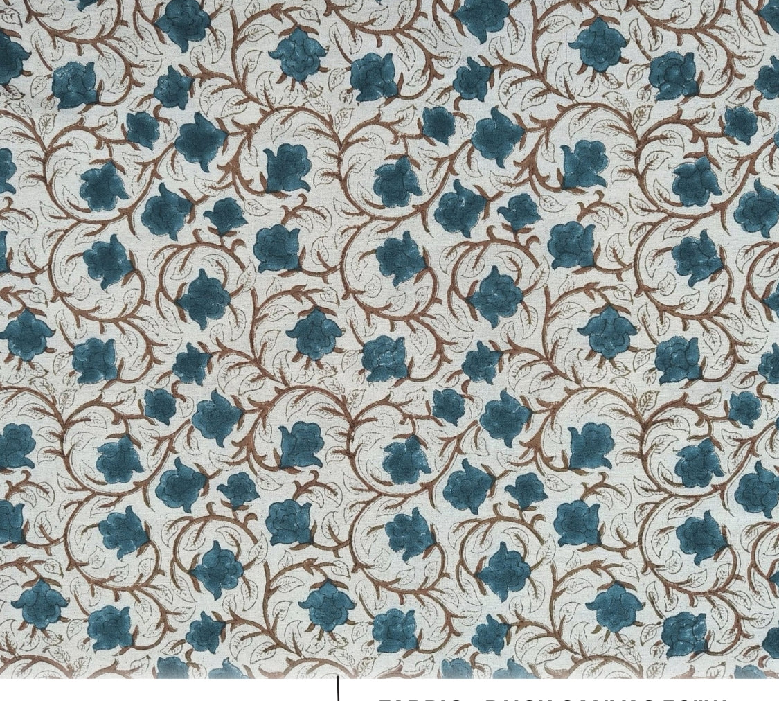 Patterned fabric with blue floral design on a white background