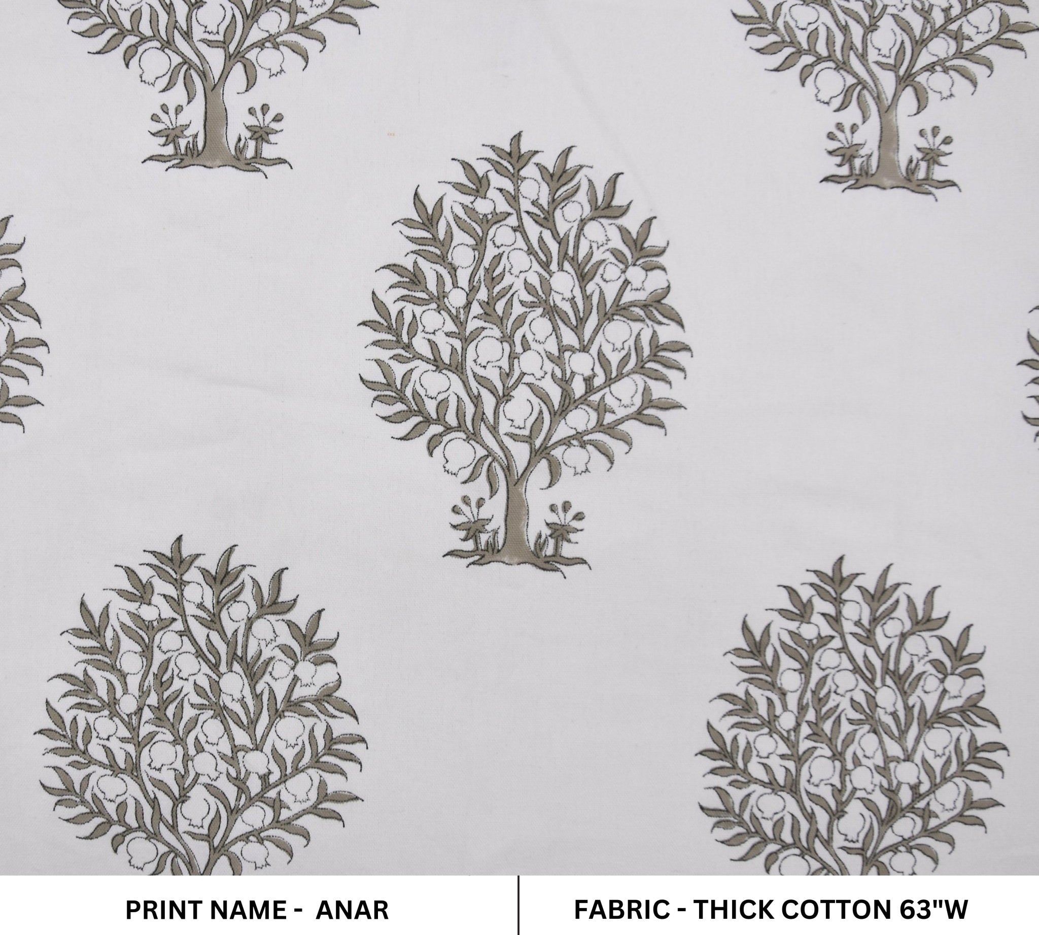 Block print Thick Cotton White 63" wide, Curtains for home, Indian fabric, handmade tree printed fabric - ANAR