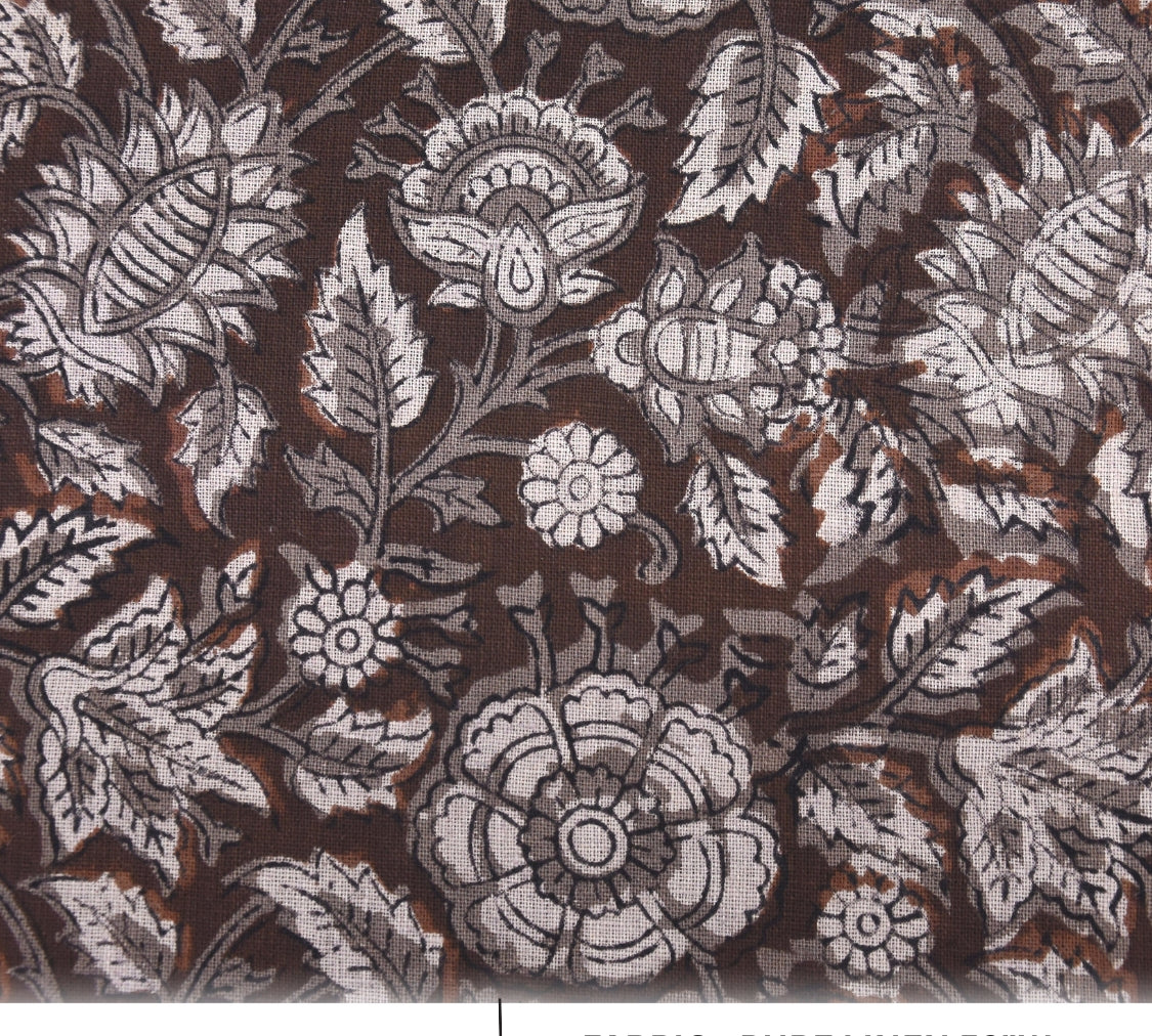 Floral and leaf pattern on brown fabric with 'Anjali' print name and 'Pure Linen 58''W' text.