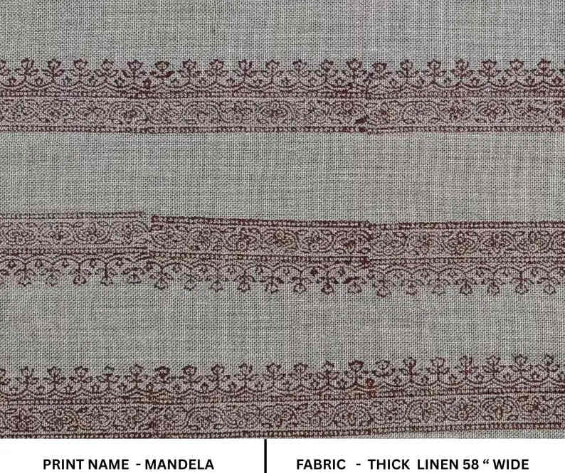 Aristan Hand Block Print Brown Floral Pure Linen Fabric - Mandela