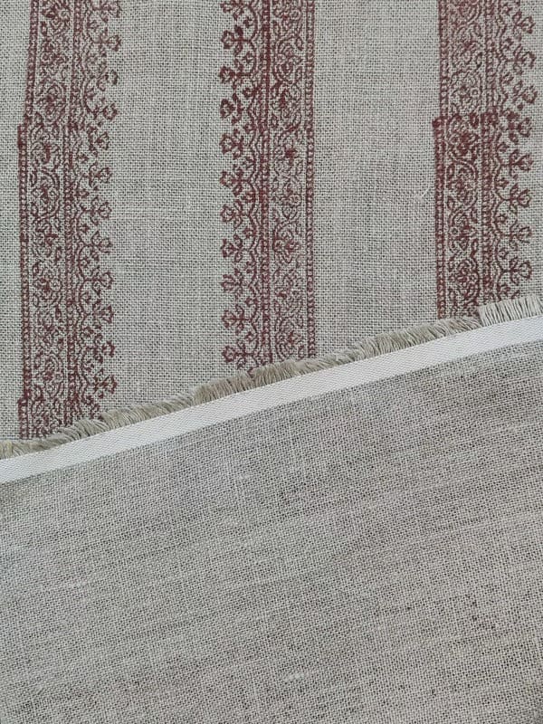 Aristan Hand Block Print Brown Floral Pure Linen Fabric - Mandela