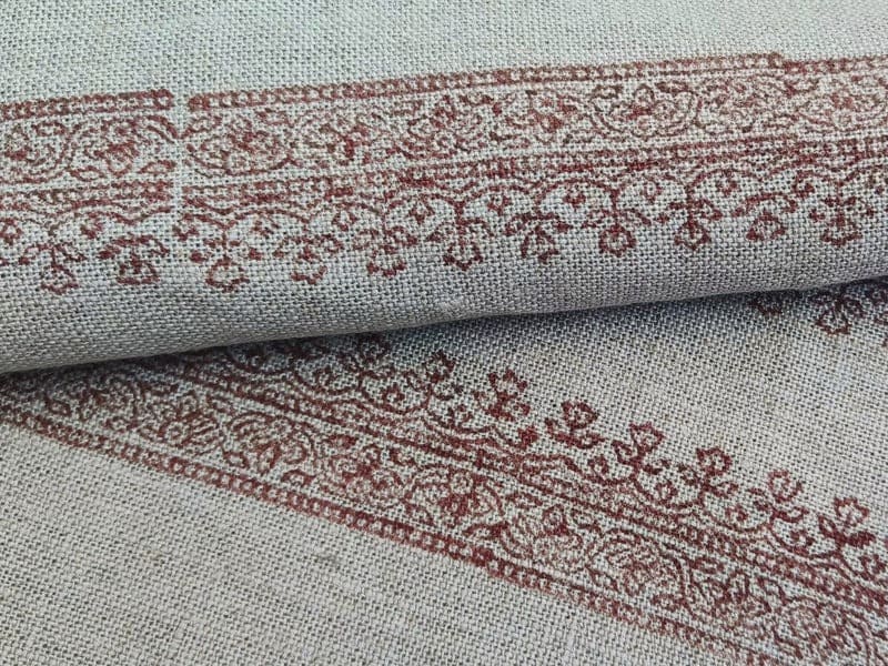 Aristan Hand Block Print Brown Floral Pure Linen Fabric - Mandela