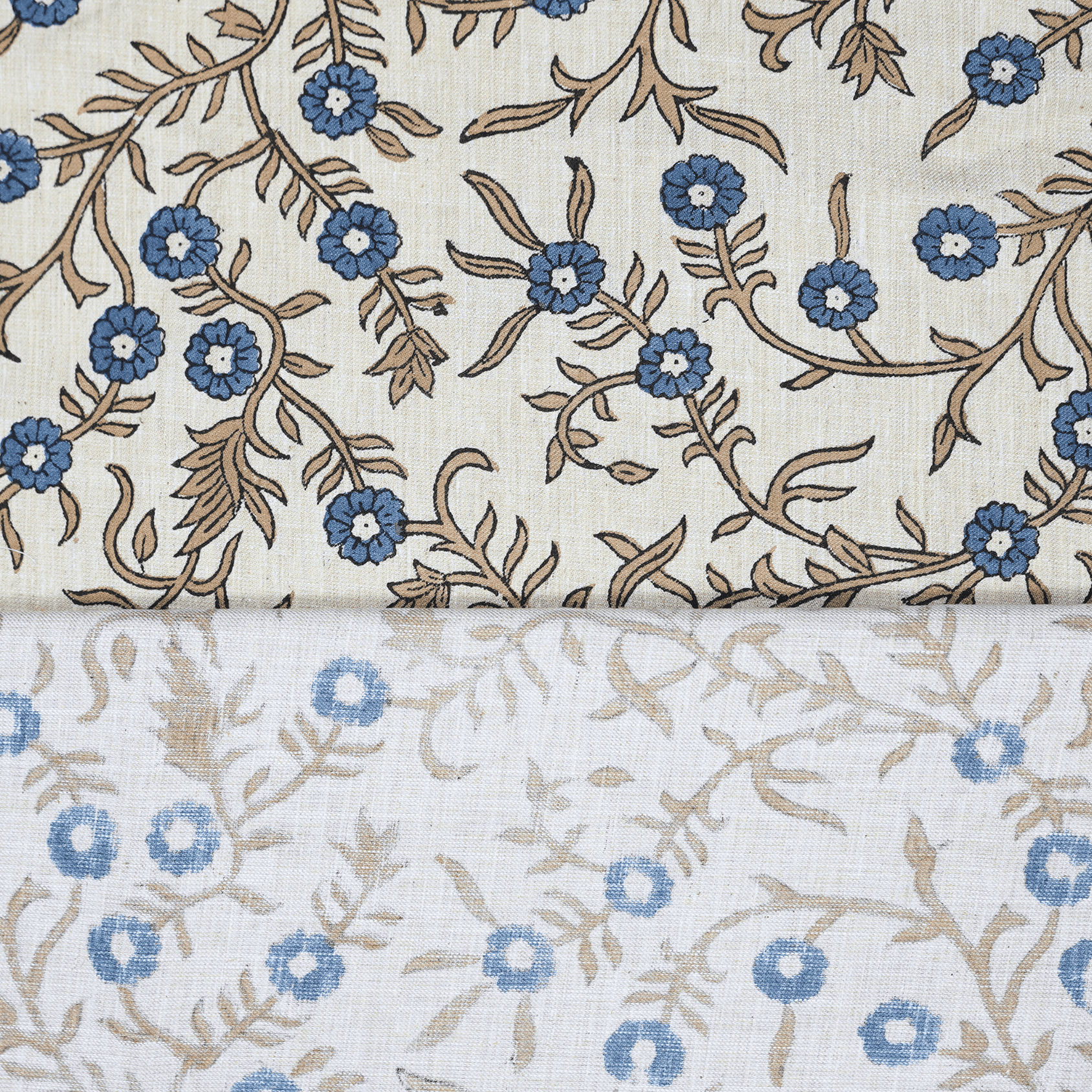 Aristan Handmade Block Print Blue Floral Linen Blend - Shehjan Design