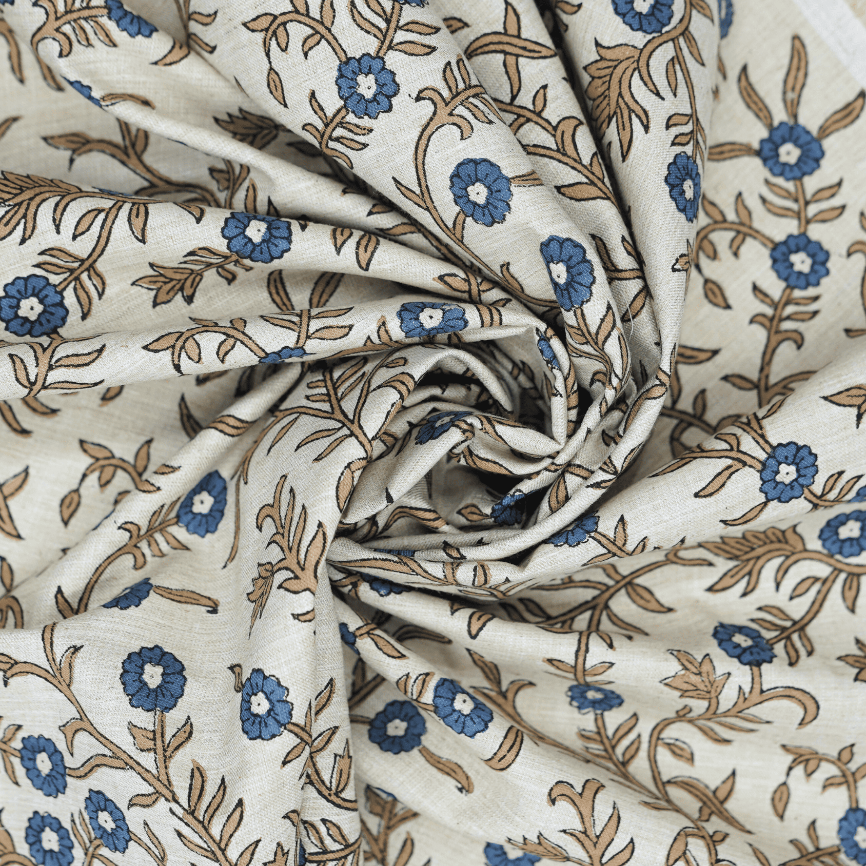 Aristan Handmade Block Print Blue Floral Linen Blend - Shehjan Design