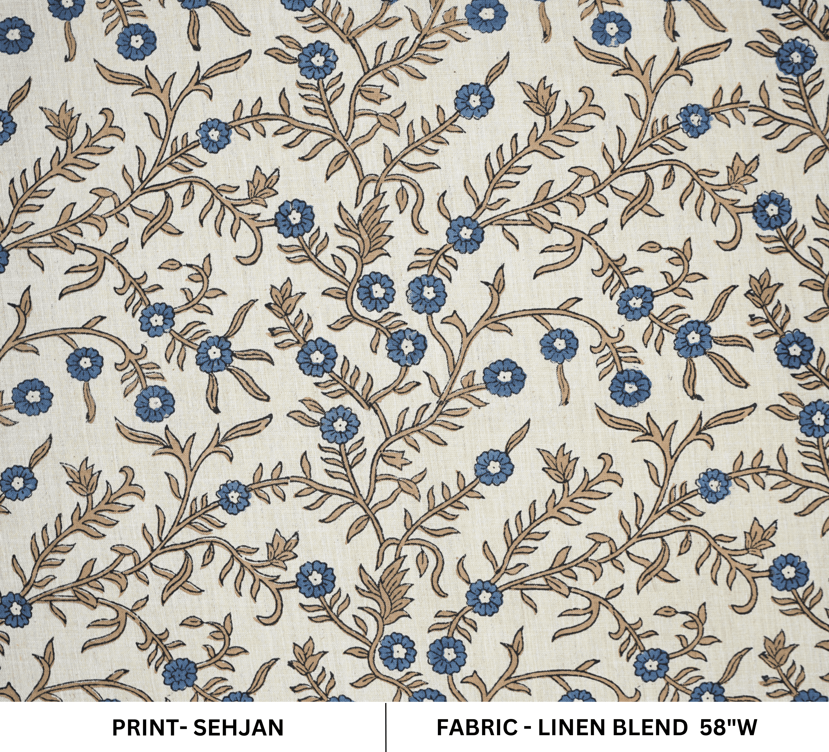 Aristan Handmade Block Print Blue Floral Linen Blend - Shehjan Design