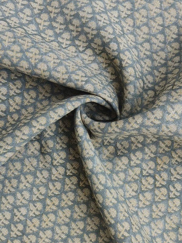 Aristan Hand Block Print Blue Mustard Thick Linen Fabric - Gulmohar