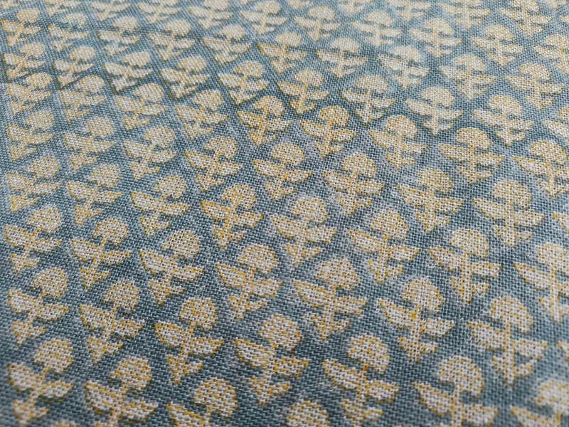 Aristan Hand Block Print Blue Mustard Thick Linen Fabric - Gulmohar