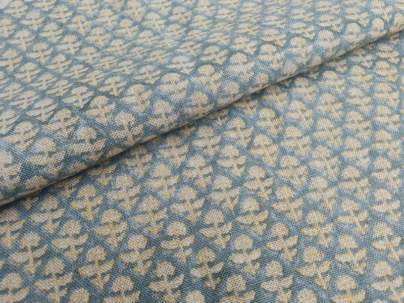 Aristan Hand Block Print Blue Mustard Thick Linen Fabric - Gulmohar
